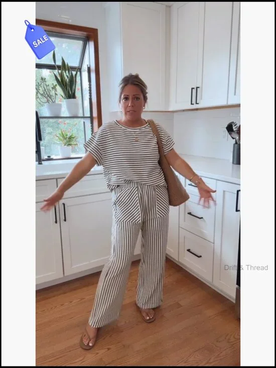 Striped Lounge Set with Pockets, Short Sleeve Top and Wide Leg Pants - Picture 7 of 7